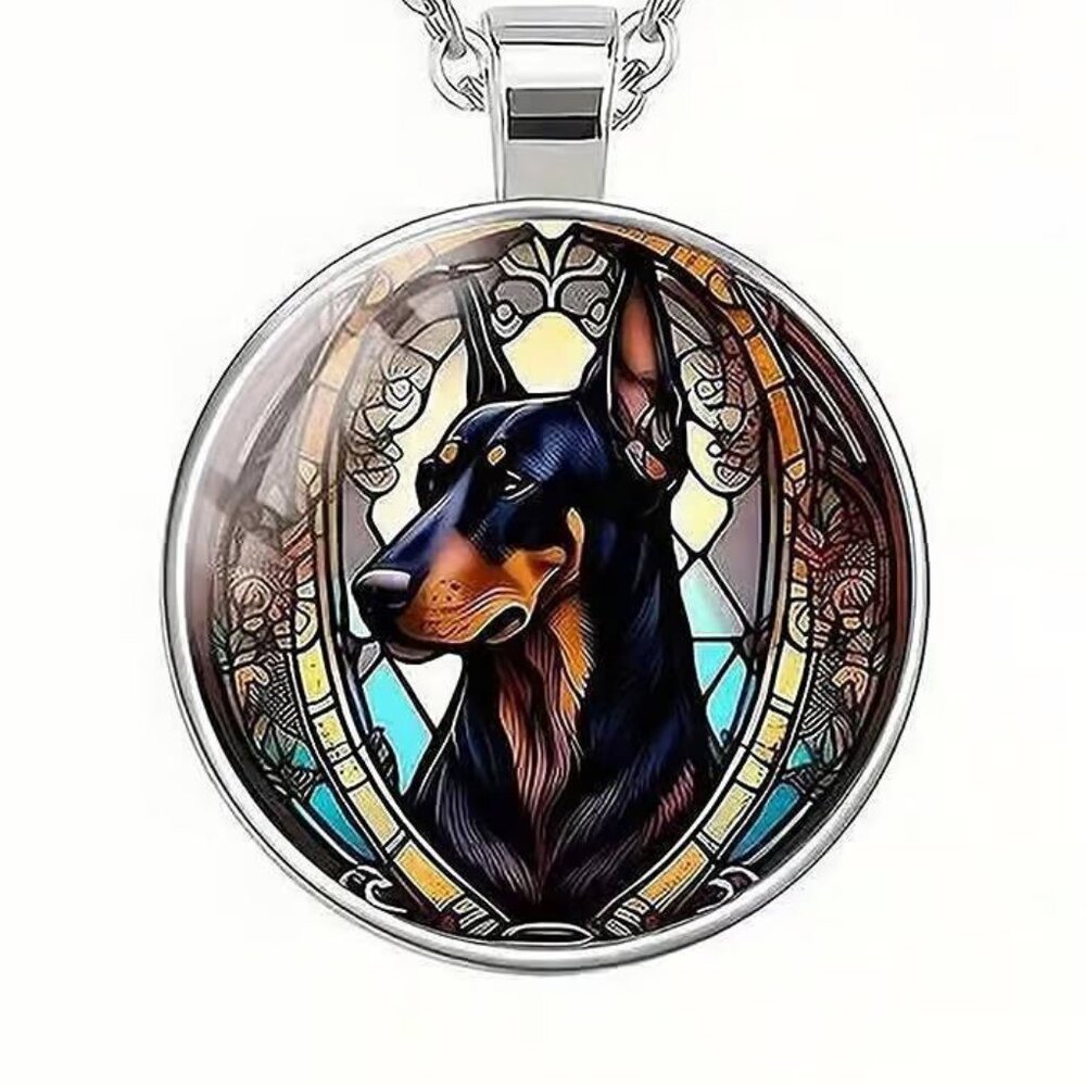 Silver DOBERMAN PINSCHER Dog Glass Cabochon Pendant Necklace